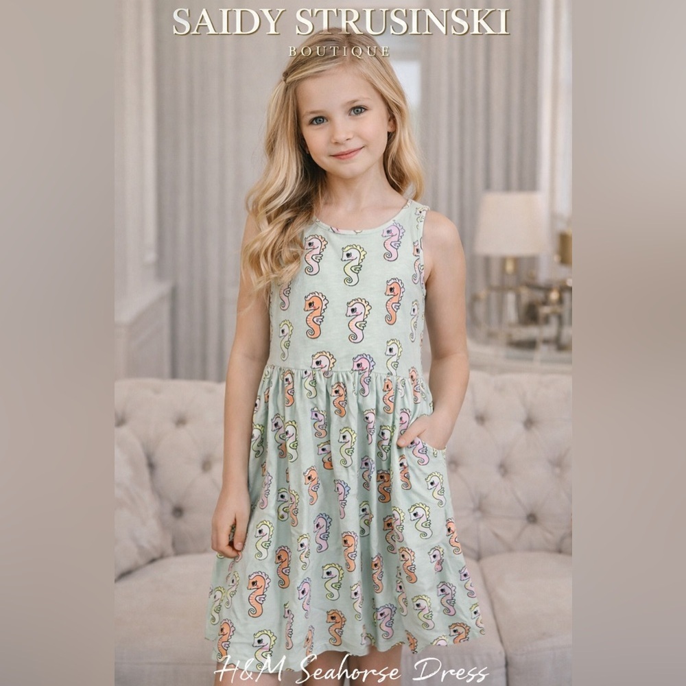 H&M Girls Seahorse Print Dress Mint Green Sleeveless Size 8-10 Cotton Cute